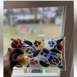 PEGGY KARR GLASS ART Tray Plate Pansies Flowers Signed Floral Cottage Core